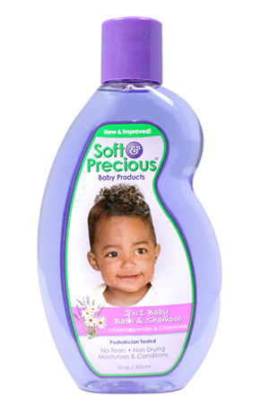 A bottle of Soft & Precious baby bath and shampoo with a purple cap and label featuring an image of a baby. The product is designed for hair and skin care.
